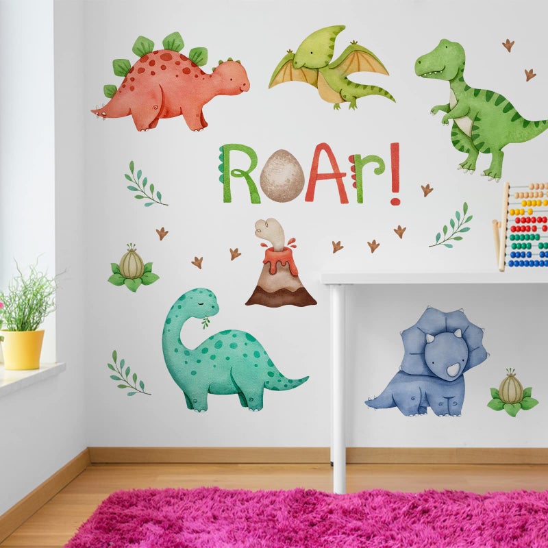 Mfault Watercolor Dinosaur Roar Wall Decals Stickers, Peel Stick Dino Stegosaurus Volcano Nursery Decorations Baby Boys Girls Bedroom Playroom Art, Neutral Tyrannosaurus Rex Kids Classroom Room Decor - Image 5